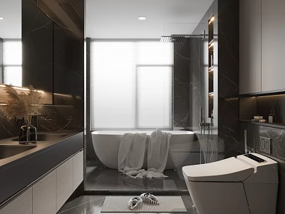 Modern Bathroom Interior With Freestanding Bathtub Smart Toilet Large Mirror And Marble Walls 3d model