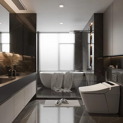 Modern Bathroom Interior With Freestanding Bathtub Smart Toilet Large Mirror And Marble Walls 3d model