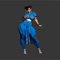 Muscular Woman In Blue Outfit With Yellow Accents And Double Buns Hairstyle