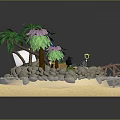 Tropical Island Model With Sand Beach Palm Trees Water Hut And Rocks