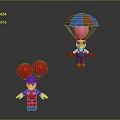Toy Figures With Red Balloons And Blue Orange Parachute Pink Balloon
