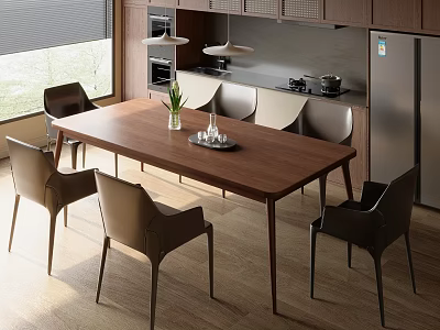Modern Wooden Dining Table With Leather Chairs In Open Kitchen Interior 3d model