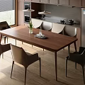 Modern Wooden Dining Table With Leather Chairs In Open Kitchen Interior