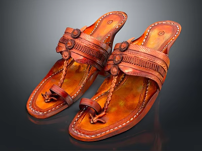 Handcrafted Brown Leather Slippers With Braided Straps And Traditional Design 3d model