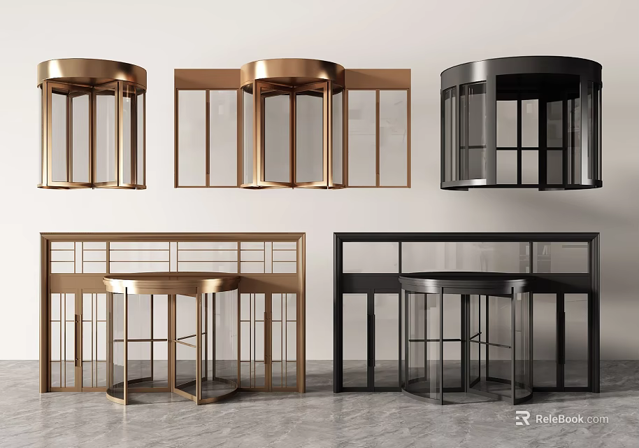 Modern Gold and Black Revolving Doors With Glass Panels And Metal Frames 3d model 