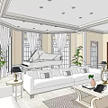 Elegant Living and Dining Room with White Sofas Coffee Table Decorative Mirrors and Ceiling Lights
