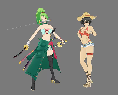Game Movie Characters With Green Hair Dual Swords Straw Hat Red Top And White Shorts 3d model