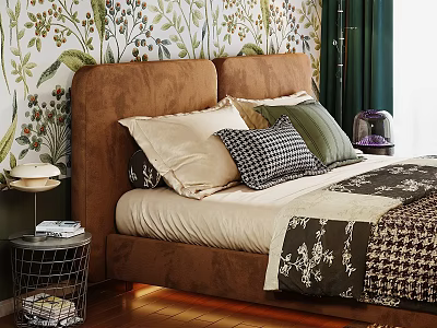 Elegant Double Bed With Brown Headboard Floral Wallpaper Patterned Pillows And Dark Green Curtains 3d model
