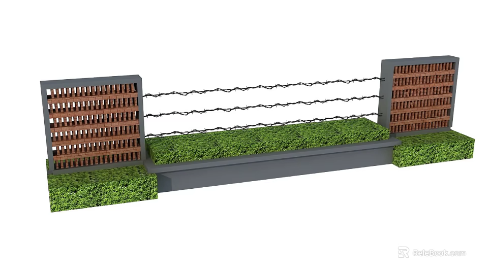 Building Exterior Wall Design With Wooden Lattice Panels Green Hedges And Metal Railings 3d model 