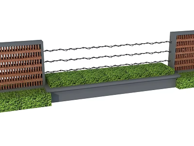 Building Exterior Wall Design With Wooden Lattice Panels Green Hedges And Metal Railings 3d model