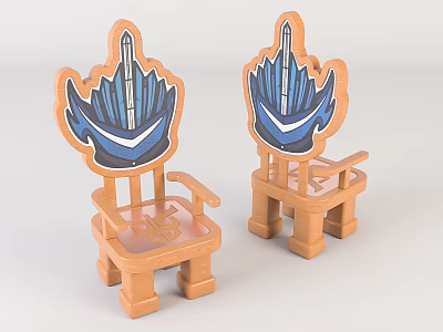 Wooden Children's Chairs With Brown Frame And Blue Orange Decorative Crown Shaped Back 3d model