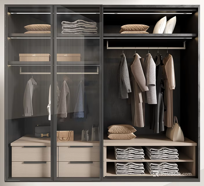 Modern Glass Door Wardrobe Interior With Hanging Clothes Folded Garments And Drawers 3d model 