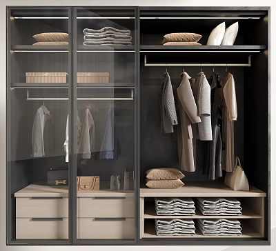 Modern Glass Door Wardrobe Interior With Hanging Clothes Folded Garments And Drawers 3d model