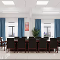 Bright Office Meeting Room With Wooden Table Chairs Bookshelves And Green Plant