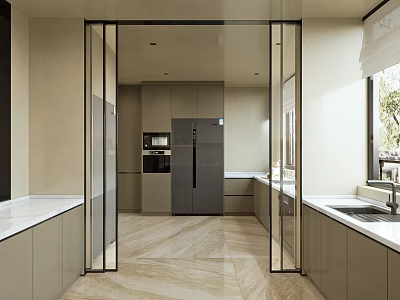 Modern Kitchen Interior Design With Glass Doors Gray Cabinets And Island Counter 3d model