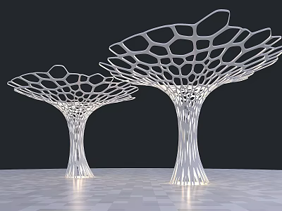 Pair of White Tree Like Columns With Intricate Lattice Design On Checkerboard Floor 3d model