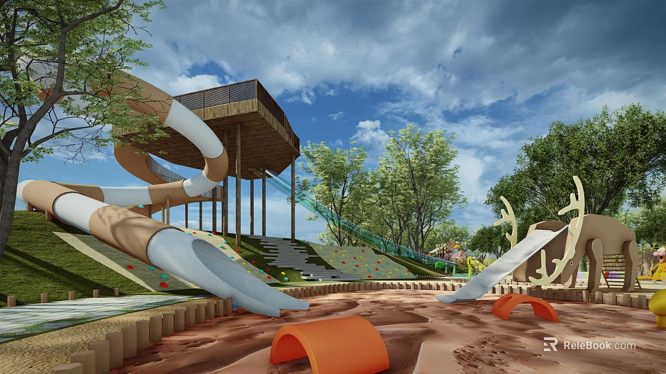 Fun Kids Playground With Wooden Slides Elevated Platform Sand Ground Trees And Orange Arches 3d model 