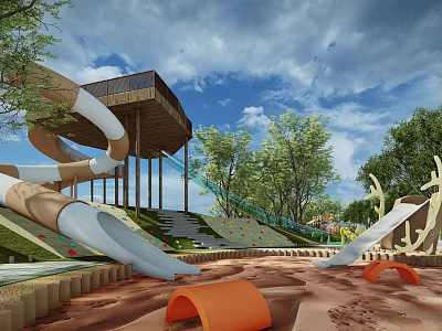 Fun Kids Playground With Wooden Slides Elevated Platform Sand Ground Trees And Orange Arches 3d model