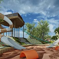 Fun Kids Playground With Wooden Slides Elevated Platform Sand Ground Trees And Orange Arches