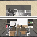 Public Office Area Interior With Wooden Ceiling Open Layout Display Shelves And White Cube Seats