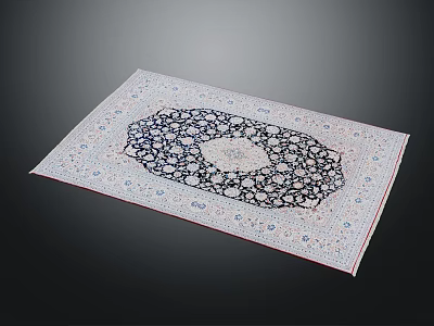 Traditional Area Rug Featuring Intricate Blue And White Pattern With Central Diamond Design 3d model