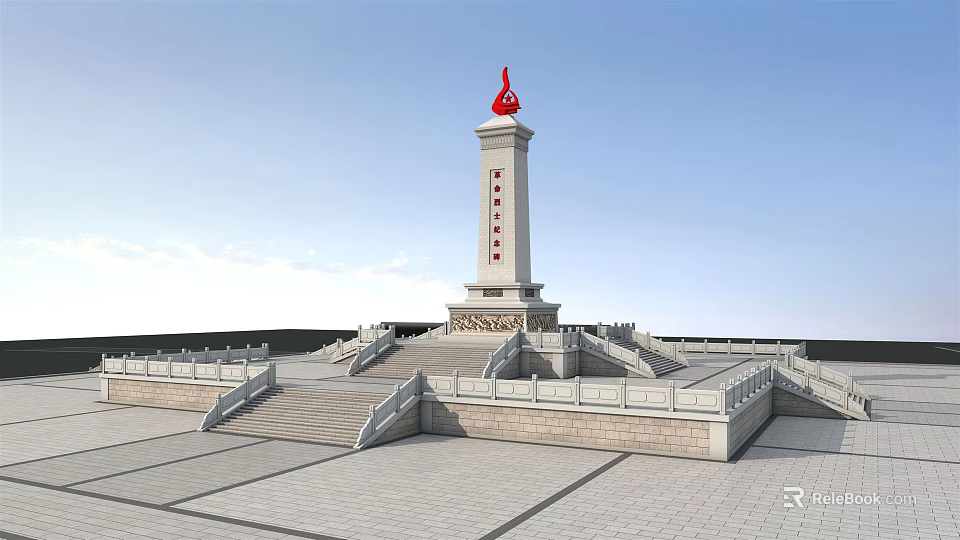 White Monument With Red Top Symbol Steps Railings And Plaza View 3d model 