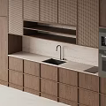 Modern Kitchen Interior With Wooden Cabinets White Countertop Checkerboard Upper Cabinets And Open Shelf