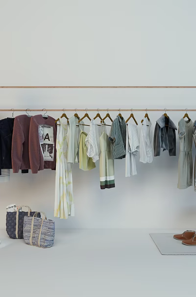 Various Colors And Styles Clothes On Gold Hanger With Bags Shoes And Small Carpet 3d model