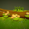 Whimsical Cartoon Scene with Fallen Log Mushrooms Lush Grass and Green Leaves