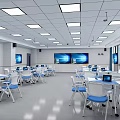 School Modern Classroom With White Desks Blue Chairs Laptops And Large Display Screens