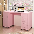 Pink Home Office Desk with Drawers Cabinet Laptop and Cat Screen Near Cherry Blossom Window