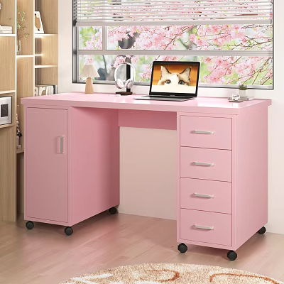 Pink Home Office Desk with Drawers Cabinet Laptop and Cat Screen Near Cherry Blossom Window 3d model