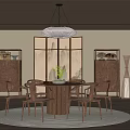 Elegant Restaurant Interior With Round Dining Table Wooden Chairs Lantern Chandelier And Wooden Screen