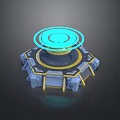 Advanced Hexagonal Base Tech Equipment Featuring Glowing Blue Rings And Metallic Supports