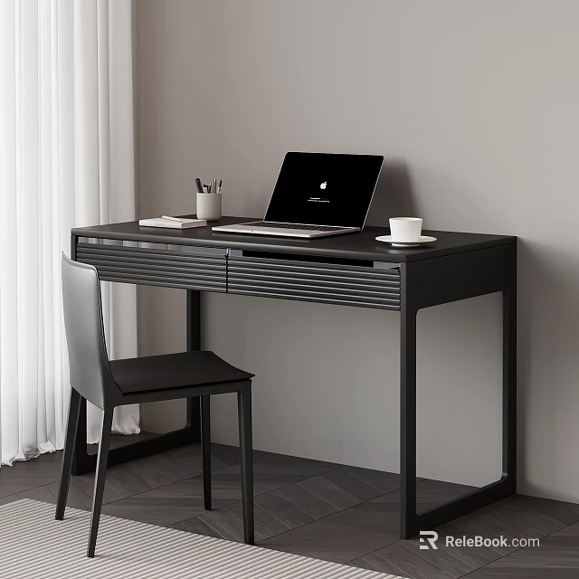 Black Desk Setup With Laptop Cup Pen Holder And Books Near Chair 3d model 