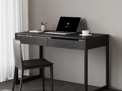 Black Desk Setup With Laptop Cup Pen Holder And Books Near Chair 3d model
