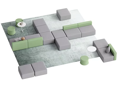 Modern Green and Gray Modular Sofa with Round Coffee Tables and Area Rug 3d model