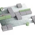 Modern Green and Gray Modular Sofa with Round Coffee Tables and Area Rug