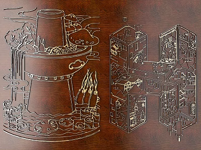 Intricate Wooden Carving Art With Tower Like Structure Clouds Plants And Multi Layered Architecture Details 3d model