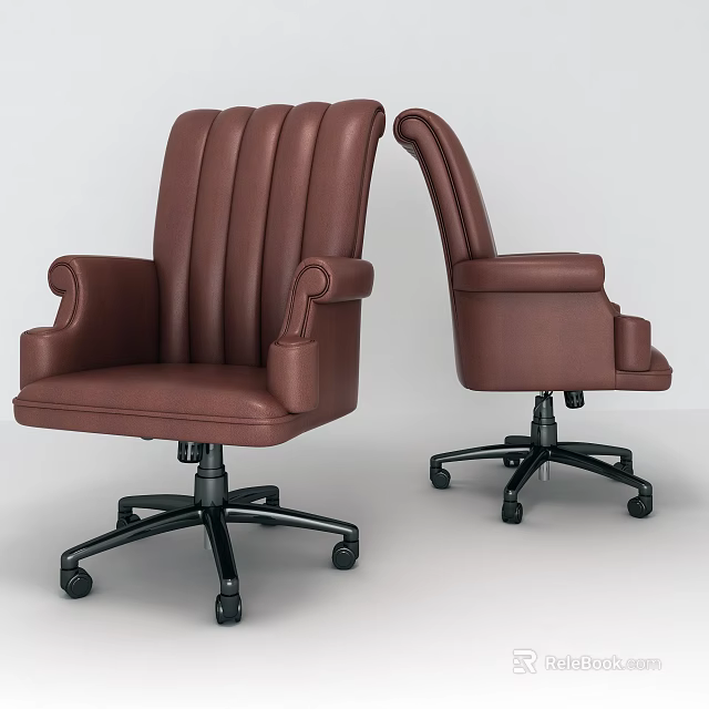 Brown Leather Office Chair With Armrests And Wheeled Base Different Angles View 3d model 