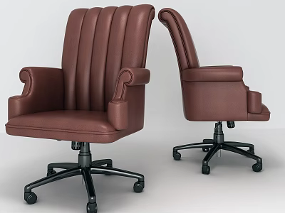 Brown Leather Office Chair With Armrests And Wheeled Base Different Angles View 3d model