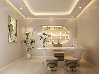 Modern Office Interior With Recessed Lighting Green Artwork Plants Round Table Open Shelves And Laptop 3d model