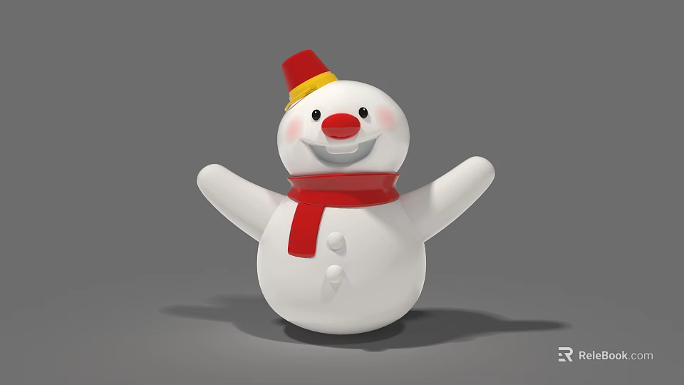 Cute White Snowman Figurine With Red Scarf Yellow Red Hat Smiling Face And Open Arms 3d model 