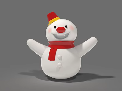 Cute White Snowman Figurine With Red Scarf Yellow Red Hat Smiling Face And Open Arms 3d model