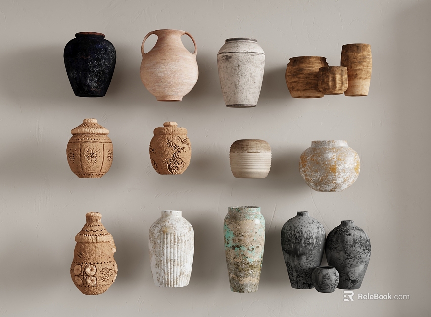 Various Shaped Ceramic Vessels In Assorted Colors With Textured Designs On Wall 3d model 