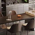 Modern Dining Table Set with Black Tabletop Gray Chairs Marble Countertop and Plants in Kitchen