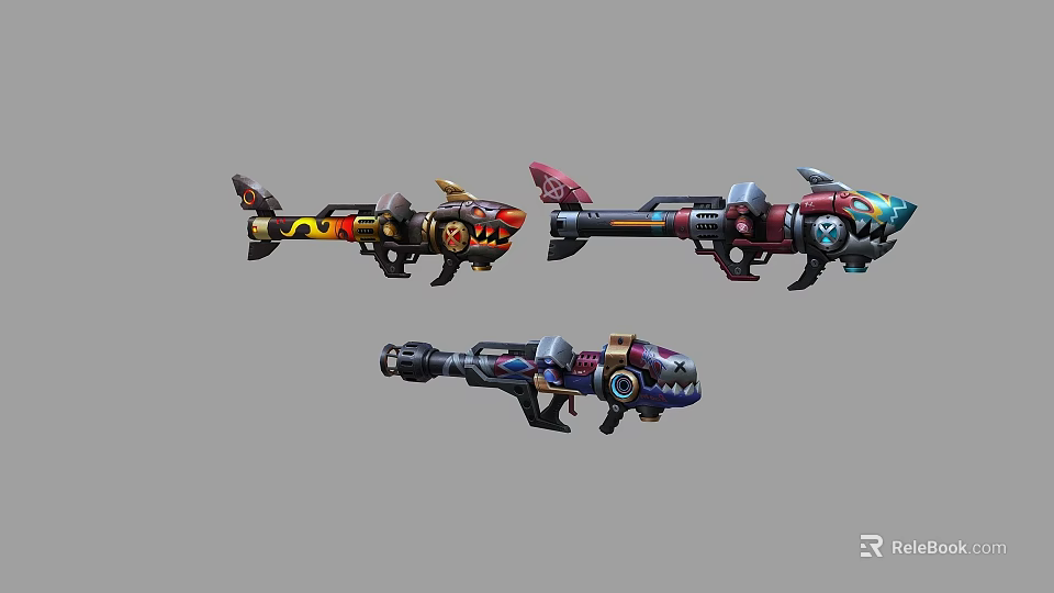 Futuristic Sci Fi Weapons Three Colorful Designs With Mechanical Details And Vibrant Patterns 3d model 