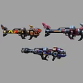 Futuristic Sci Fi Weapons Three Colorful Designs With Mechanical Details And Vibrant Patterns