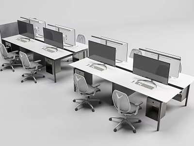 Modern Office Desks Arrangement With Dividers Computer Monitors And Office Chairs 3d model