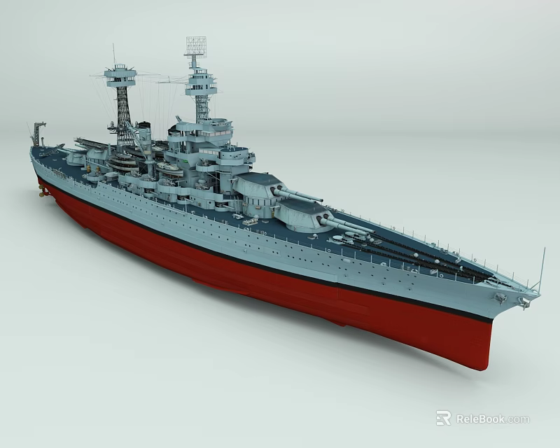 Military Warship with Gray Superstructure Red Hull and Tower Deck Equipment 3d model 